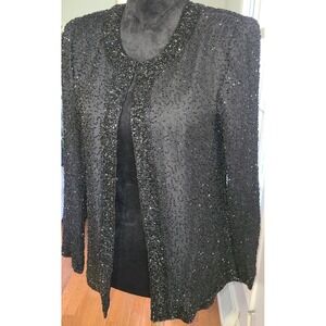 Laurence Kazar Vtg Black Beaded‎ 100% Silk Evening Formal Jacket Womens M Bridal